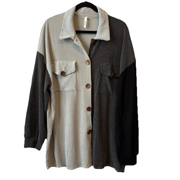 Celeste Women's Plus 2XL Boho Colorblock Lightweight Ribbed Button Up Shacket - Picture 1 of 10